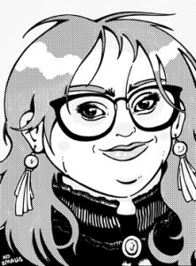 Manga-style drawing of Rahbar. She is drawn wearing a high neck blouse with ornate buttons and a lace collar, black cat's eye style glasses, tassel earrings, and long, layered hair.