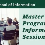 UBC School of Information Master's Programs Information Session. Group of students sitting in a circle with their laptops, the course instructor is the focus point on the image and is speaking to the students.